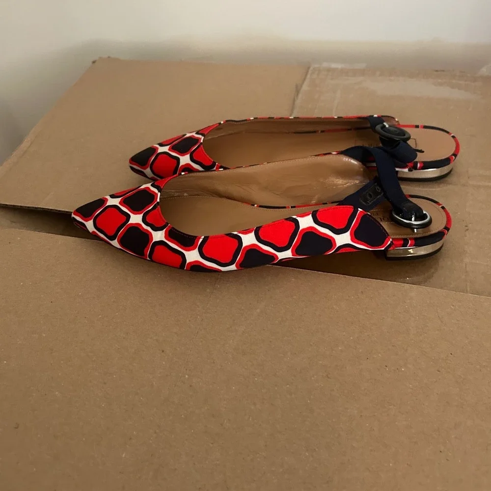 Aquazzura Firenze Geometric Print Slingback Flats Red Black White Size 38
